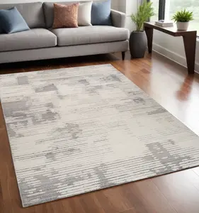 212 MAIN 5x8 ft. Stain-Proof Modern Distressed Abstract Rectangular Full-Sized Area Rug, Gray & Cream Machine-Made Home Decor Rug for Living Room Decor