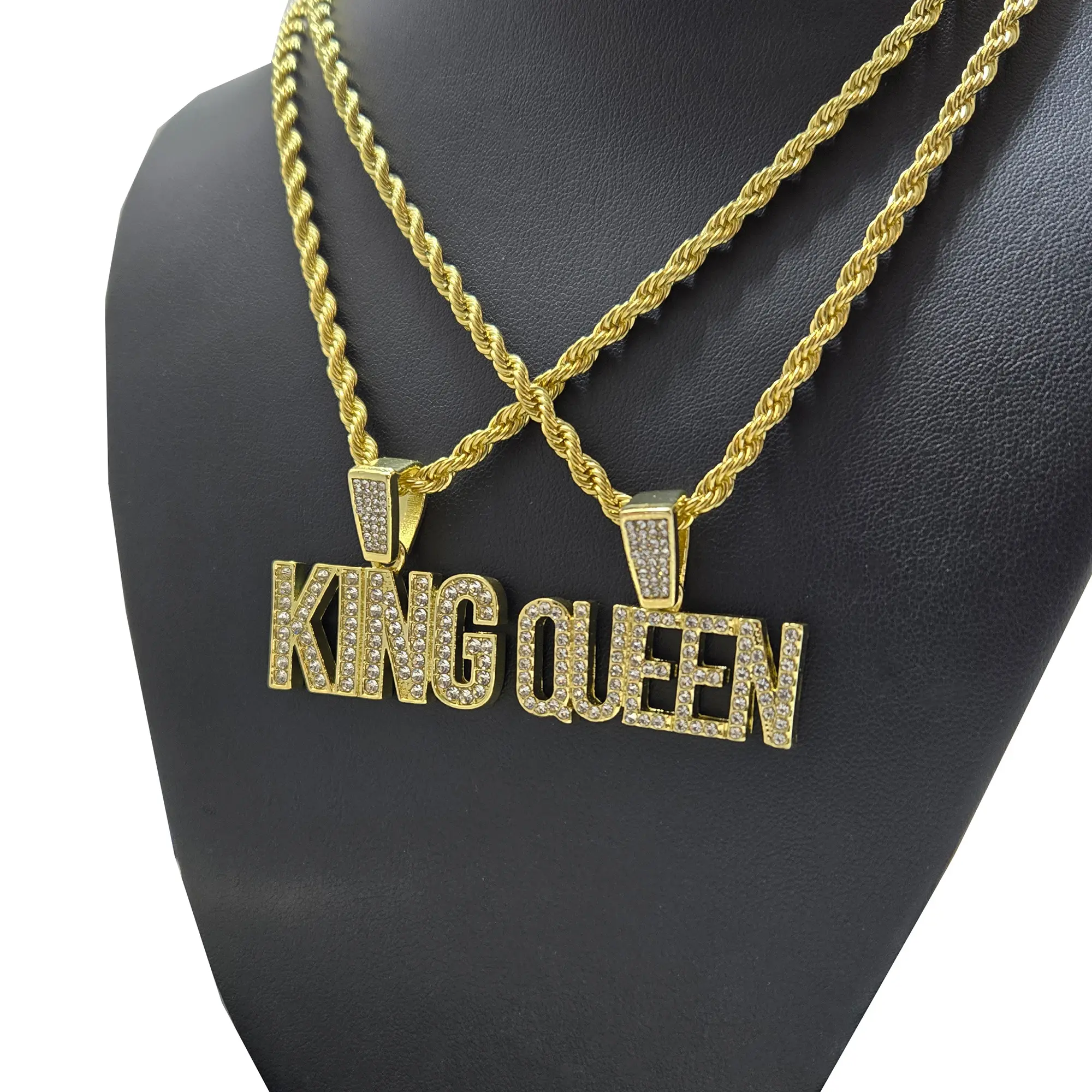 MaxBling81 KING & QUEEN CZ Pendant with 24" Rope Chain, Gold Statement Chain, Unisex Hip Hop Costume Necklace Jewelry Accessory