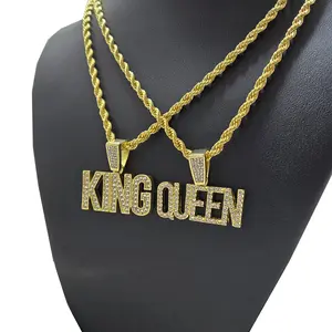KING & QUEEN Letters CZ Pendant &24" Rope Chain Hip Hop Fashion Necklace Jewelry Jewelry Unisex Women Men