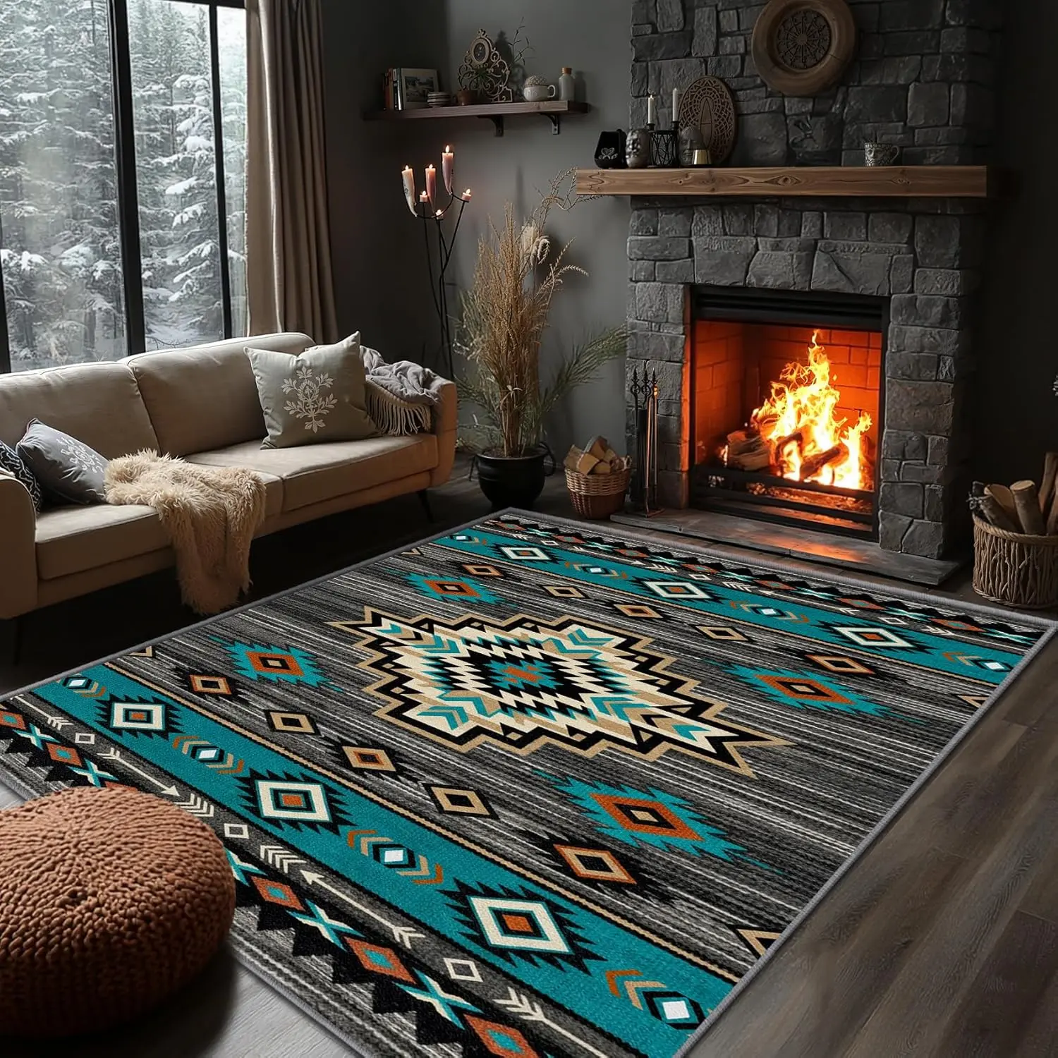 Native American Rug  - Aztec Southwestern Geometric Area Rugs, Boho Lodge Carpet, Washable & Non Slip & Soft  Carpets, Native American Home Decor (Turquoise Orange Grey)