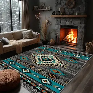 Native American Rug  - Aztec Southwestern Geometric Area Rugs, Boho Lodge Carpet, Washable & Non Slip & Soft  Carpets, Native American Home Decor (Turquoise Orange Grey)