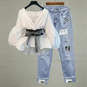 elegant chiffon blouse and ripped jeans set Ripped Jeans Set