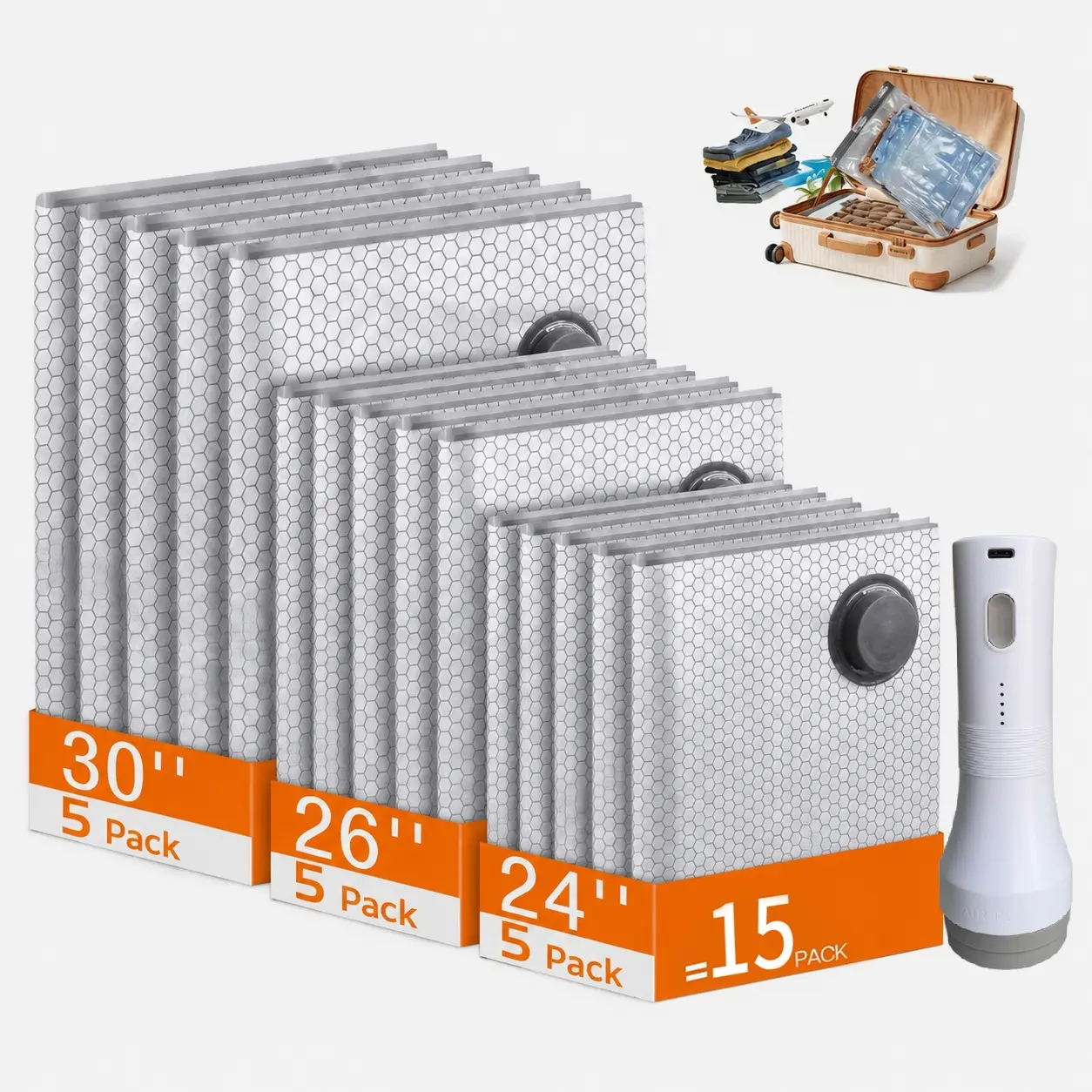 【Summer Vibes】X7 Vacuum Compressed Storage Bags 27-Pack (3 Sizes) with 140L/Min USB Rechargeable Handheld Pump - Space Saving, Resealing, Travel Kit Essential for Clothes, Carry-On Suitcases