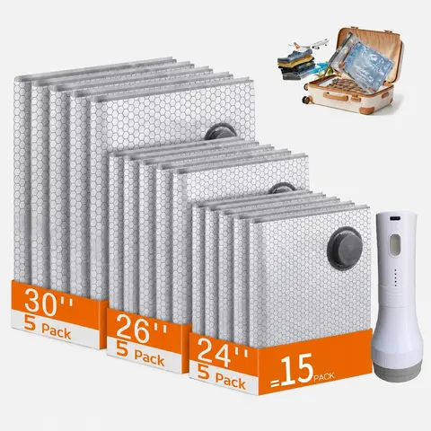 X7 Vacuum Compressed Storage Bags 15-Pack (3 Sizes) with 140L/Min USB Rechargeable Handheld Pump - Space Saving, Resealing, Travel Kit Essential for Clothes, Carry-On Suitcases