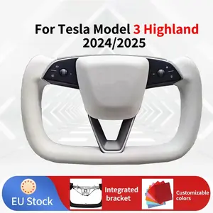 Custom Leather Yoke Steering Wheel for Tesla Model 3 Highland 2024–2025, Ergonomic Flat-Bottom Design, Personalized Interior Upgrade Accessory