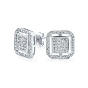 Geometric CZ Stud Earrings Flat Square Double Box Frame Sterling Silver 12MM