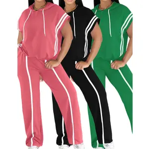 Women's Spring Summer Hooded Top & Lounge Pants Set 531GSM Oversized Loungewear 8-Color Comfort Wear Collection Blue with White Stripes