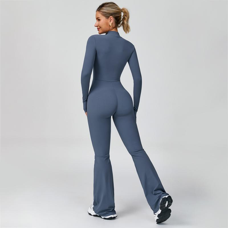 Women's Long Sleeve Flared Sports Jumpsuit - Zipper Jumpsuit, Wide Leg Bodysuit, Sexy One-Piece Yoga Jumpsuit, Fitness Activewear for the Gym, Pilates, Casual or Street Wear, Tennis Skirt with Shorts and Tie-Front Activewear sporty yoga set
