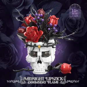 Gothic Style Skull Vase Rose Bouquet Building Blocks, Unique Skeleton Head Flower Pot Decorative Home Ornament, DIY Creative Gift, Gothic Decor Lovers