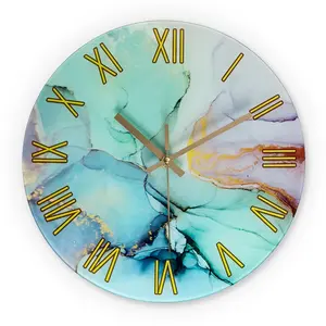Marble Texture Tempered Glass Wall Clock 10-14 Inch Silent Operation, Aa Battery Powered Clock for Aesthetic Rooms, Office & Living Spaces