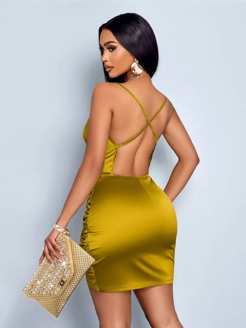 Satin Open Back Dress in Yellow - TikTok Shop Satin Open Back Dress in Yellow - TikTok Shop