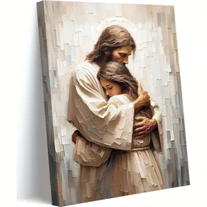 1pc Inspirational "Jesus Hugging Woman" Framed Canvas Art - Serene Religious Embrace, Modern Christian Wall Decor for Living Room, Bedroom, Church - Warm Tones, Ready to Hang, Embrace, Home Decoration, 2D, Perfect for Room Decor