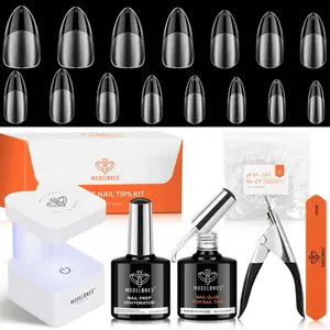 Gel Nail Kit Almond, Upgrade 15Sizes Fake Nails, 9-in-One Glue Nail Dehydrator & Mini U V Light Clipper, 510Pcs Medium Almond Press on Nails Tips for Extension DIY Salon Home Gift