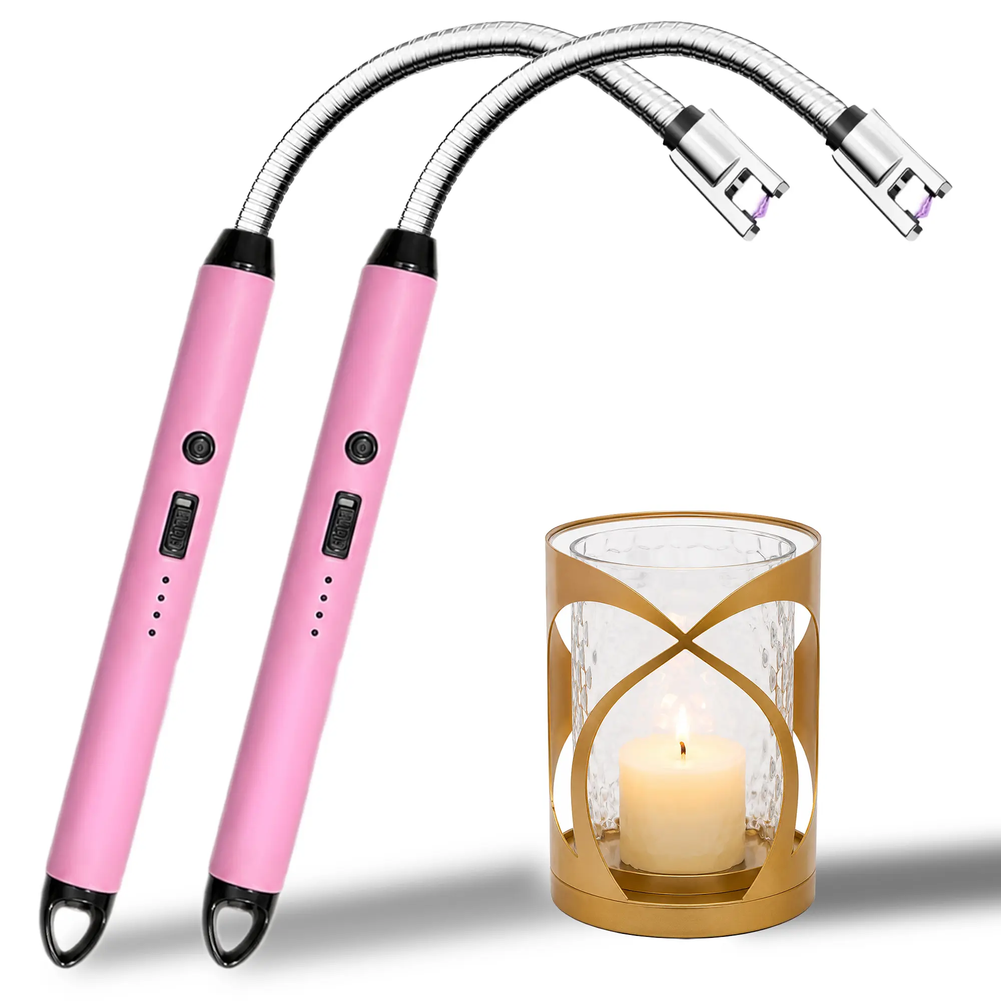 FightSense Electric Candle Lighter, 2 Pack USB Rechargeable Flameless Arc Lighter, Windproof Plasma Lighter with Long Flexible Neck, Safety Lock, LED Battery Indicator for Candles, BBQ, Grill, Fireplace, Stove