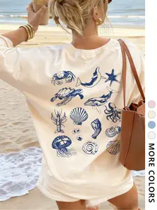 Women's Round Neck Loose-Fitting Short Sleeve Top, Casual Streetwear Ocean Animal Print Summer Shirt, Fitted H-Type Design, Casual Comfy Tee, All-Season Wear