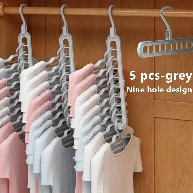 Heavy-Duty Foldable Plastic Multifunctional Clothes Hangers - 3/5-Pack, 9-Hole, Anti-Slip Clothing Organizer for Space-Saving Tshirt Organizer Closet Storage