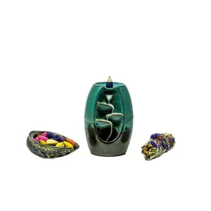 Small Ceramic Waterfall Backflow Incense Burner with Mixed Incense Cones | Gift | Home Decor | Aromatherapy| FREE Organic Sage with Order Scented Scent Fragrance