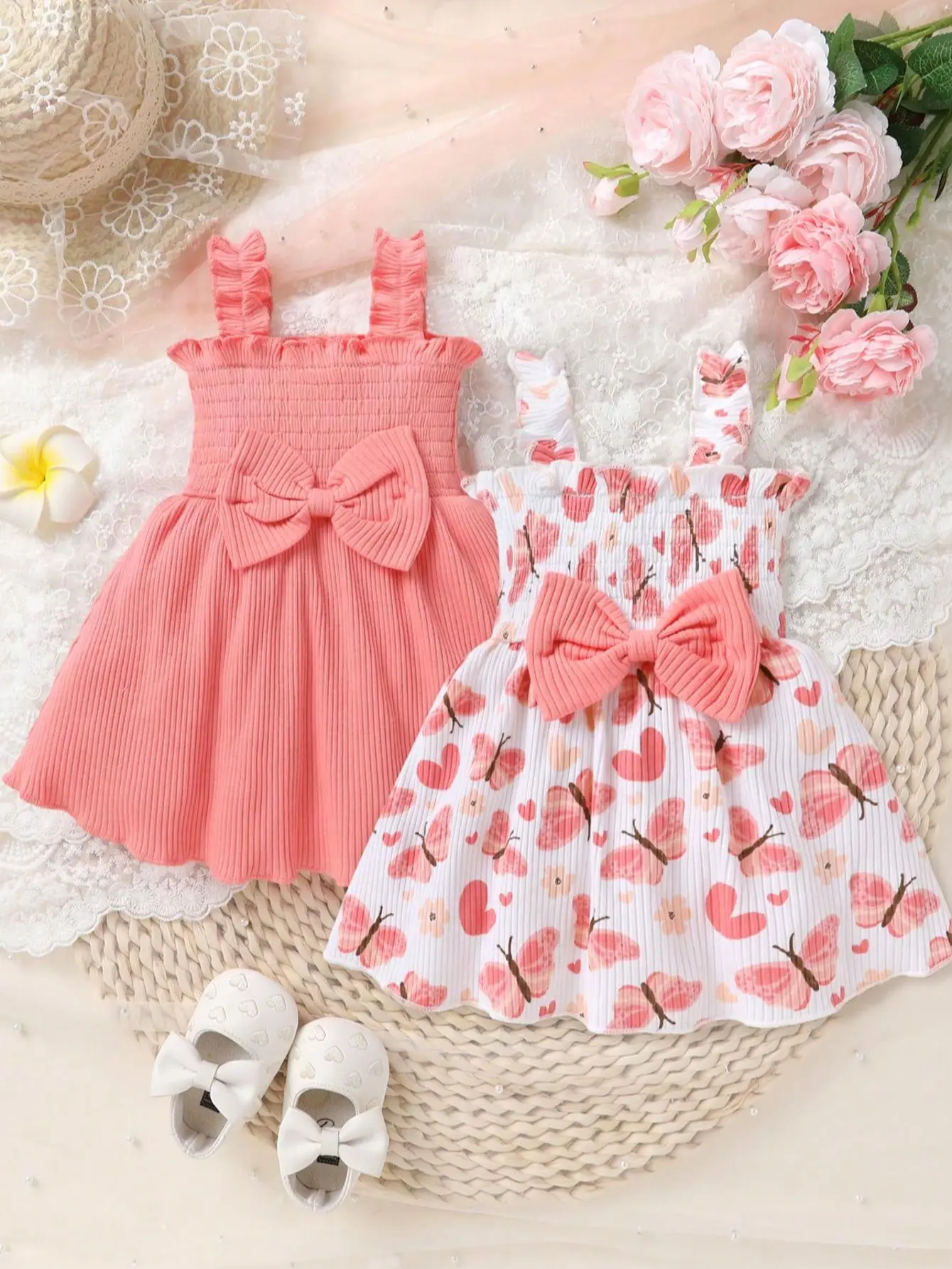 2pcs, Baby Girl, Casual, Cute, Fashion, Soft, Bow Decoration, Butterfly Heart Pattern, Parallel Crepe Seams, And Ruffled Hem Princess Dress, Baby Girls Clothes, Toddler Girls Clothes, Summer For Everyday Wear, Vacations, Parties, Outdoor Activities summer