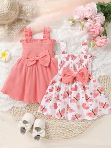 2pcs, Baby Girl, Casual, Cute, Fashion, Soft, Bow Decoration, Butterfly Heart Pattern, Parallel Crepe Seams, And Ruffled Hem Princess Dress, Baby Girls Clothes, Toddler Girls Clothes, Summer For Everyday Wear, Vacations, Parties, Outdoor Activities