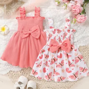 2pcs, Baby Girl, Casual, Cute, Fashion, Soft, Bow Decoration, Butterfly Heart Pattern, Parallel Crepe Seams, And Ruffled Hem Princess Dress, Baby Girls Clothes, Toddler Girls Clothes, Summer For Everyday Wear, Vacations, Parties, Outdoor Activities