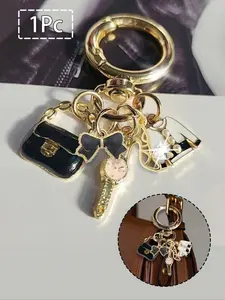 Mini Bag Charm Keychain - Cute metal round key ring with elegant crystal shoe, bow, and delicate mini bag charms, bow decoration, single standalone piece, simple design, suitable for women's wallets and phone accessories, Stylish Keychain