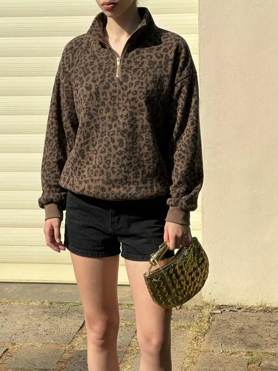 INAWLY Women Early Autumn Light Animal Print Knitwear, Half Open Neck Leopard Long Sleeve Vintage Daily Top,Cheetah Print