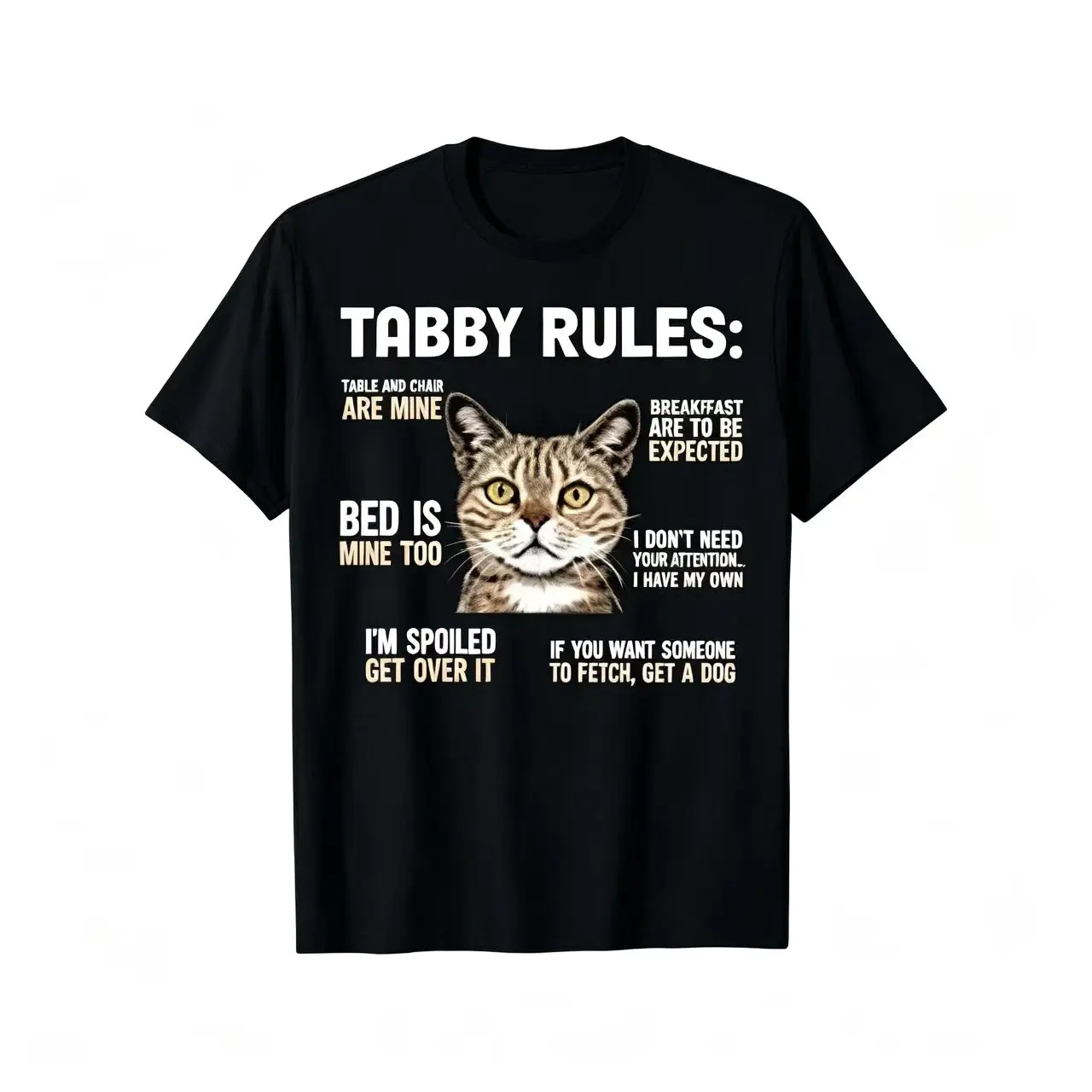 Unisex "Tabby Rules" Funny Cat Graphic T-Shirt, a Casual Shortsleeve Round Neck Cotton Top with Fade-Proof Print for Pet Owners, Tshirt, Machine Wash