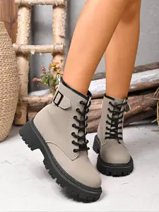 Women's Fashionable Lace Up Front Platform Combat Boots, Casual Comfortable Round Toe Boots for Daily Wear, Female All-match Trendy Shoes for Fall & Winter, Girl