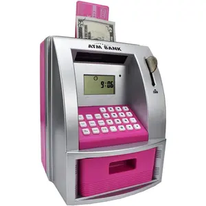 Toy talking atm bank atm machine savings bank for kids works a real one deposit withdraw debit card saving target timer and clock pink