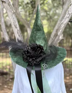 Sylvaine Witch Hat | Handmade Green & Black with Ribbons & Key – Moonspell Hollow™