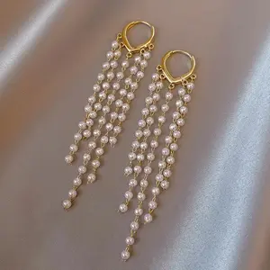 Minar Exquisite Simulated Pearls Strand Long Tassel Earring for Women Gold Color Alloy Hoop Earrings Wholesale Party Jewelry