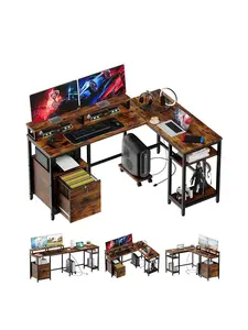GARVEE 67" L-Shaped Corner Wooden Top Gaming Computer Desk - Dual Monitor Stand, Drawers, Power Outlets, Charging Hub, Adjustable Storage Shelf, Rustic Look for Home/Office