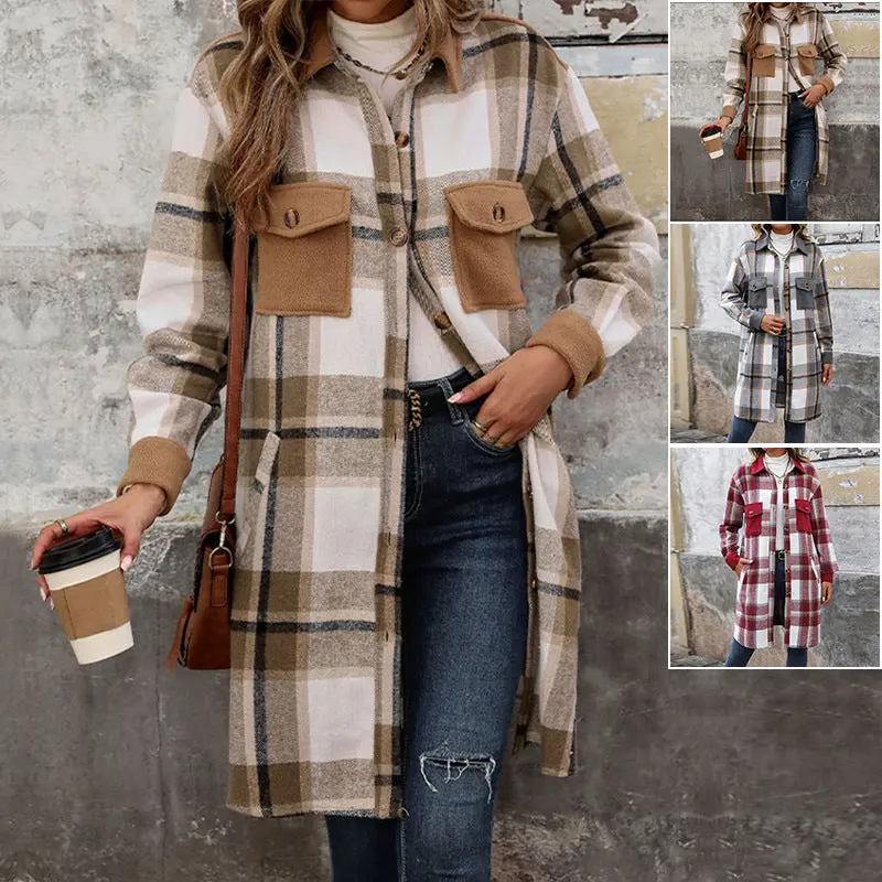 Women's Winter Brushed Plaid Coat with Pockets – Fashionable Long Coat