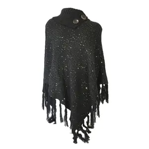 Tan's Women's Sequin Cowl Turtleneck Poncho Sweater, One Size Knit Knitwear Knit Womenswear Glam Outfit Tops Knitting