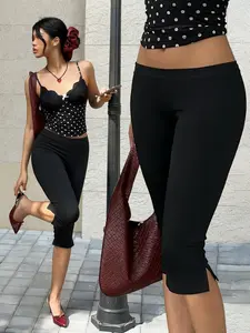 Women's Split Hem Pants, Slim Fit Casual Home Wear, Street Style Travel and Leisure, Fitted Capri Cropped Length