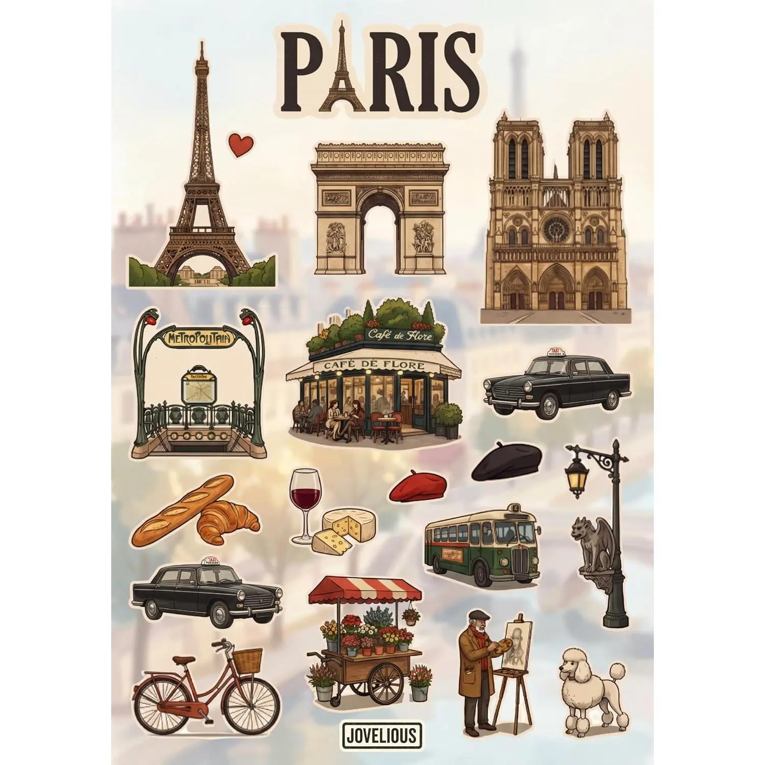 Paris Sticker Sheet, A5 Matte Vinyl Kiss Cut Stickers, Designed in Brooklyn, France