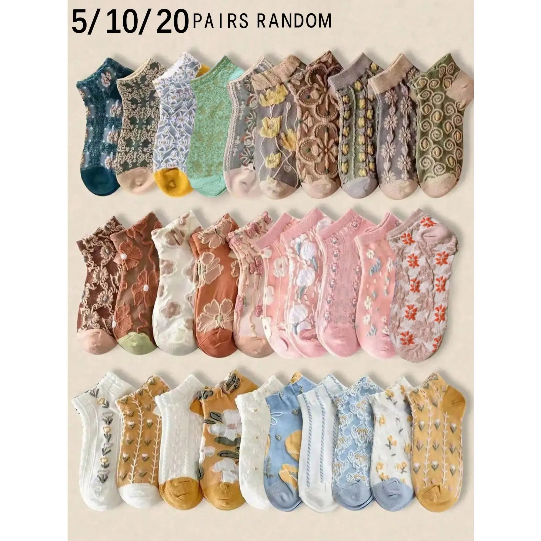 Lady's 5/10/20 Pairs Spandex Fabric Floral 3D Embossed Retro Socks for Women, Fashion Versatile Breathable Soft Short Crew Casual Socks, Crew Socks