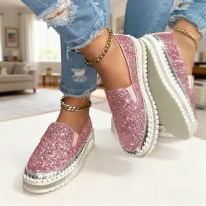 Women's Comfort Slip-On Shoes Fashion Glitter-Embellished Flats Casual Thick-Heeled Sneakers