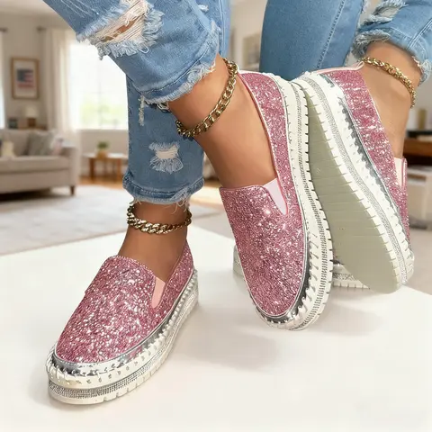 Women's Comfort Slip-On Shoes Fashion Glitter-Embellished Flats Casual Thick-Heeled Sneakers