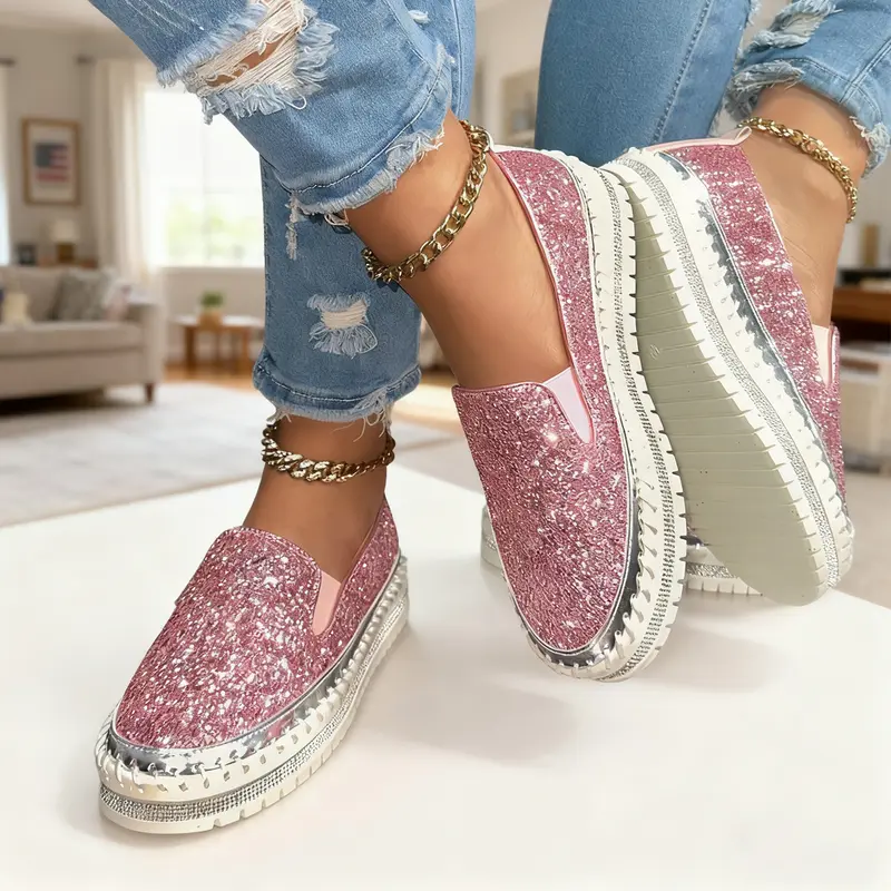 Women's Comfort Slip-On Shoes Fashion Glitter-Embellished Flats Casual Thick-Heeled Sneakers
