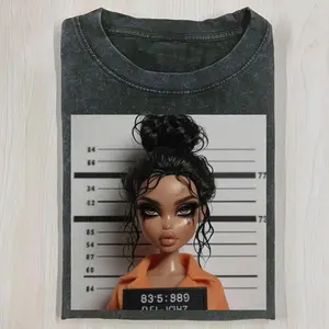 Retro Mugshot Doll Graphic T-Shirt, Y2k Style Streetwear, Unisex Cotton Blend, Short Sleeve Crew Neck T-Shirt, Pull On, Casual