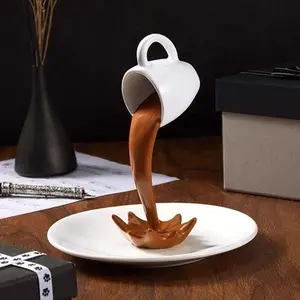 Floating Coffee Cup Sculpture – Fake Spill Desk Decor, Funny Coffee Lover Gift, Unique Table Ornament for Home Office