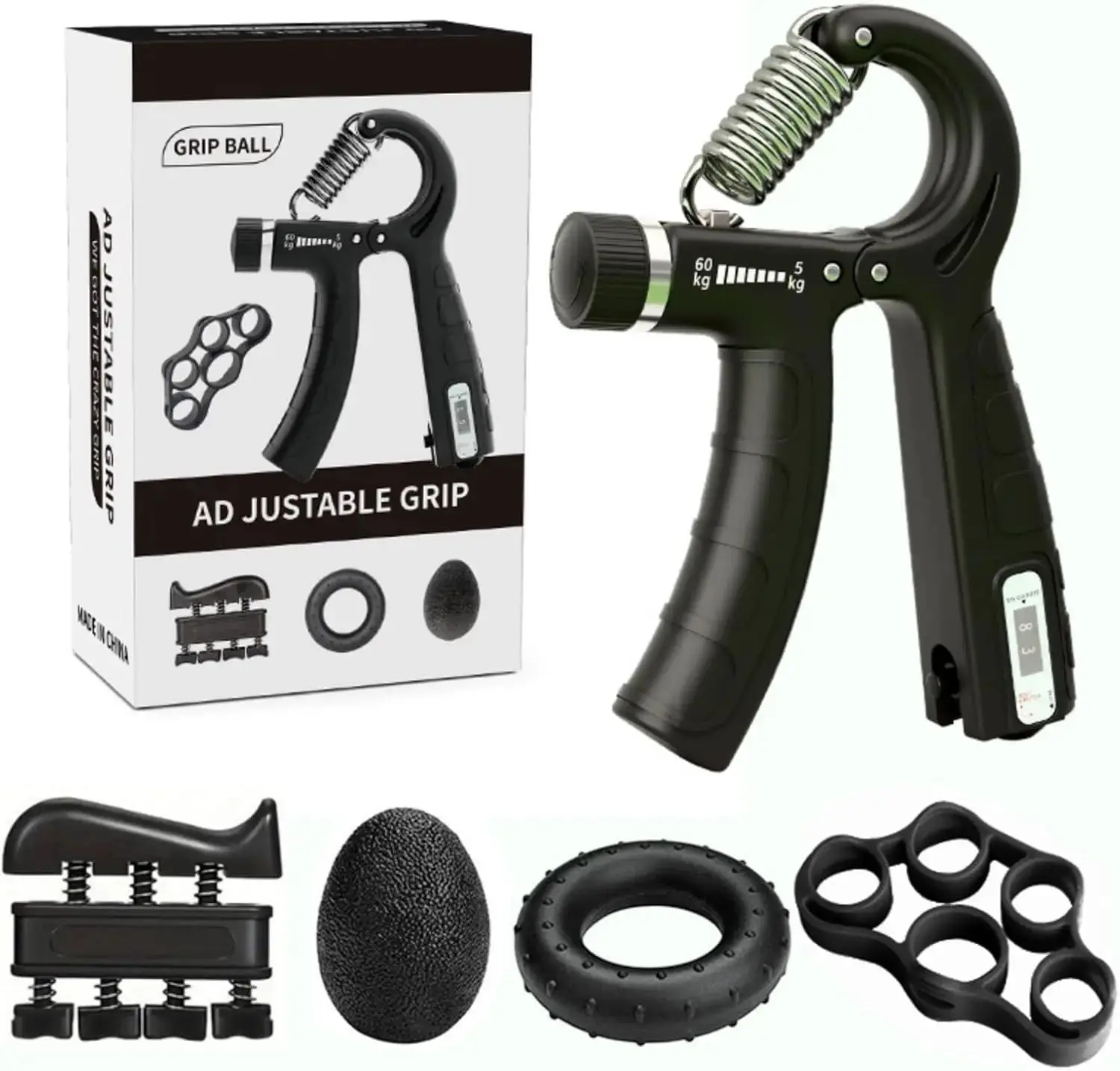 Grip Trainer Kit: Adjustable Hand Gripper,Finger/Hand Exercisers,Stress Ball & Forearm Ring for Muscle Build & Injury Rcvry