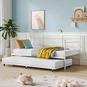 Heavy Duty Twin Metal Daybed with Pull-Out Trundle Sofa Bed - Sturdy Steel Frame, High-quality Slat Support, Space-Saving Guest Bed for Bedroom, Living Room