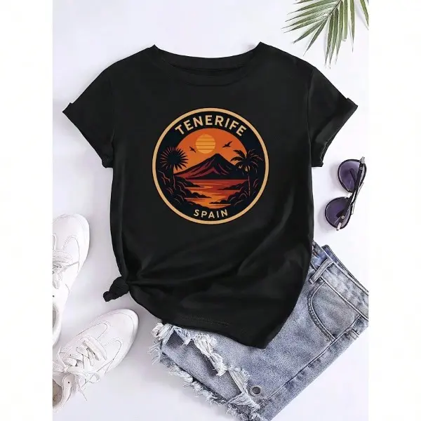 Women's Tenerife Spain Sunset Mountain Graphic T-Shirt - White Casual Short Sleeve Round Neck Tee With Palm Tree Design, All-Season Comfort & Machine Washable, Ladies T Shirts, Relaxed Fashion, Laidback Style,Soft Fabric, Printed Shirt, Travel Lovers