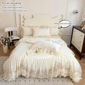 3pcs Korean Lace Trim Decorative Bedroom Bedding Set with Embroidered Lace Quilt Cover and Pillowcases, Elegant Dorm Room Decor for Cozy Nights