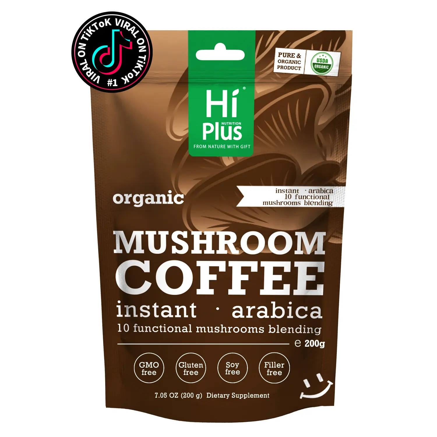 HiPlus Organic Instant 10-in-1 Mushroom Coffee Powder, 14oz | Weight & Immune Support | Premium Arabica Coffee with Lion’s Mane, Chaga & Reishi