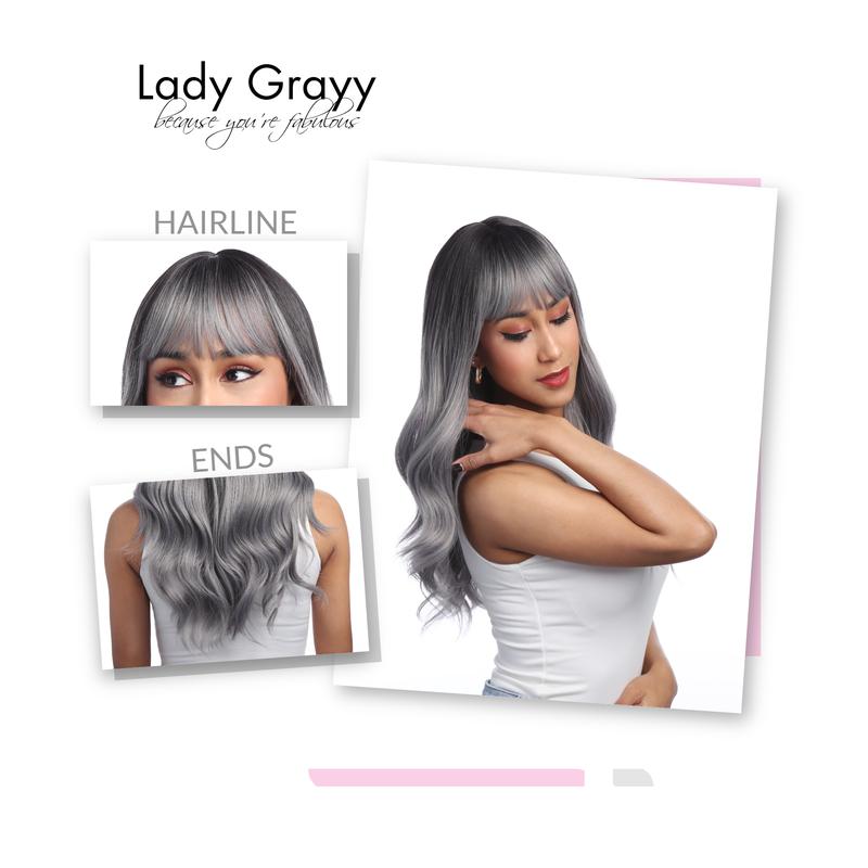 19-Inch Subtle Blue-tinted Smokey Silver Ombré (Black Roots) Gentle Wave Synthetic Wig | 【Heat Resistant】【Cap Included】 | FSGB