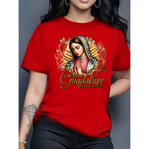 Women'S Virgin of Guadalupe Religious T-Shirt - -Based Tee with Our Lady of Guadalupe Prayer, Round Neck Casual Everyday & Special Occasion Top for Mexican American Heritage - Lightweight Summer Shirt, Cultural Apparel, Traditional Design,