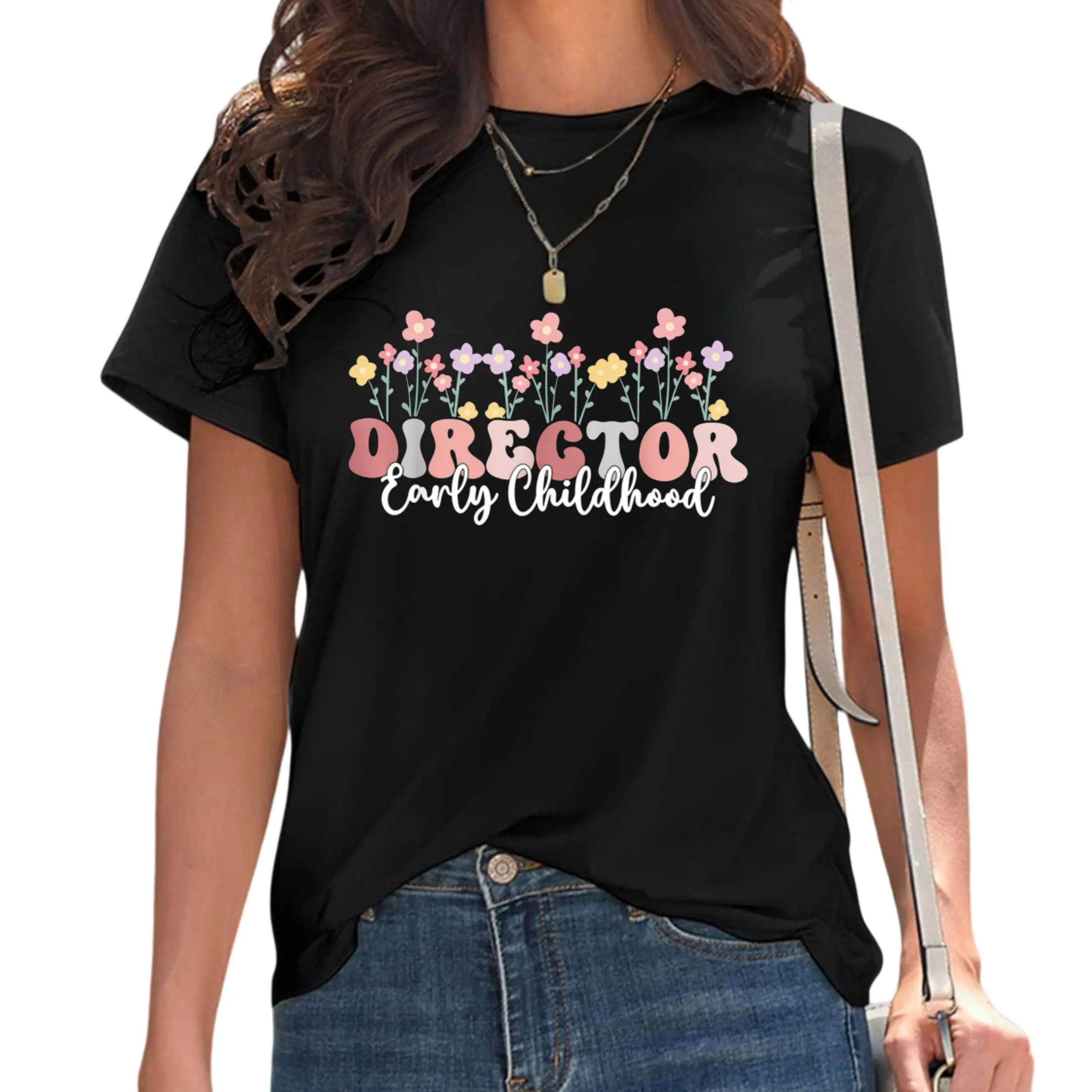 Men's & Women's Soft Breathable Daycare Director T-Shirt - Early Childhood Educator Gift with Colorful Retro Floral & Director Print Lightweight Short Sleeve Tee for Teachers Same Style for Men and Women 2026 Summer Short-sleeved Printed
